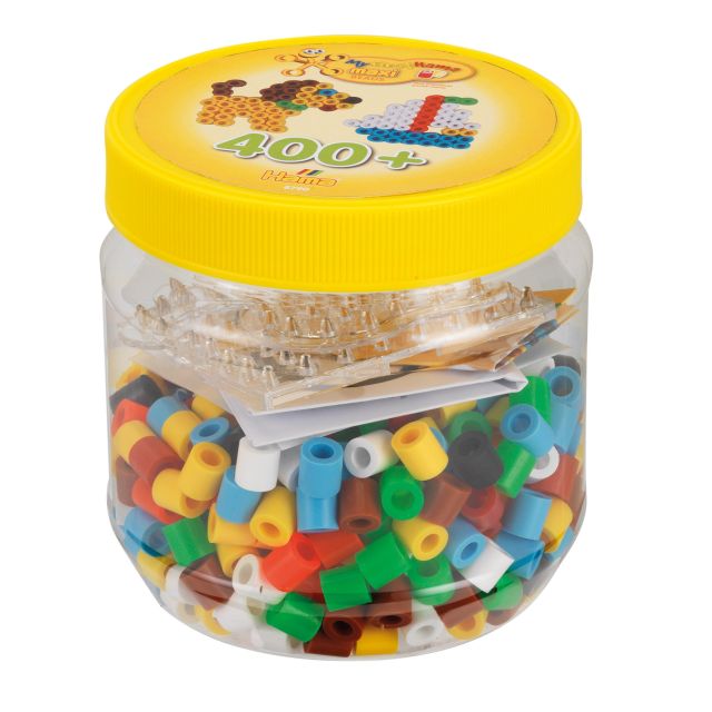 Hama Maxi karoliukai ir dėliojimo lentelės geltoname indelyje