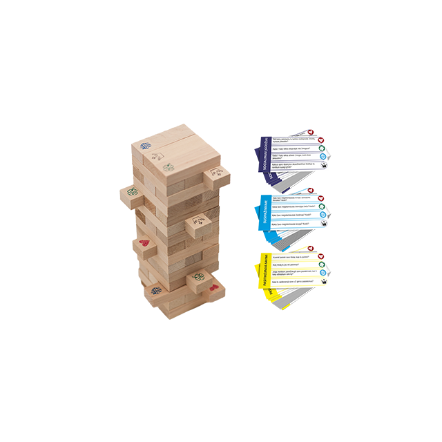 Didelis bendravimo bokštas (klausimų kortelės su medinėmis kaladėlėmis) 